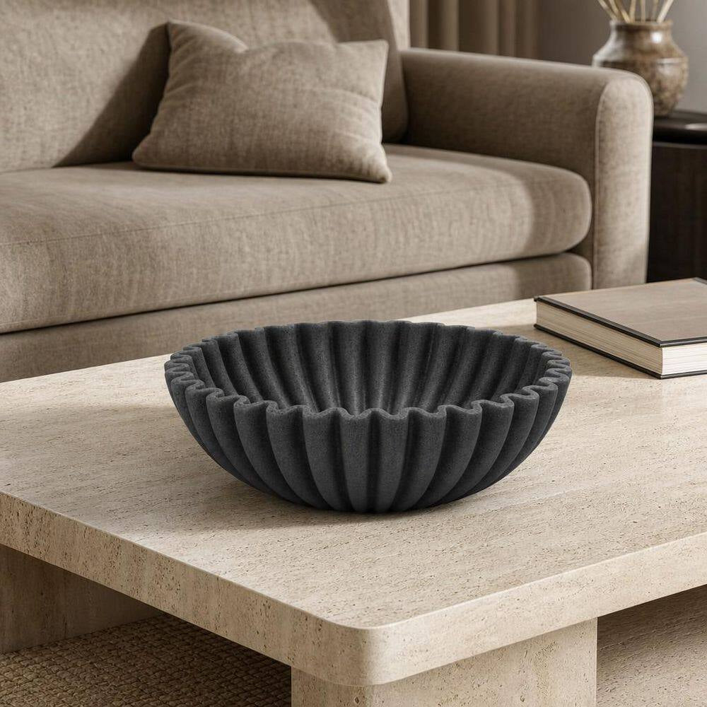 10 In. X 10 In. Large Decorative Bowl Artificial Stone Decorative Fruit Bowl for Kitchen Counter Black