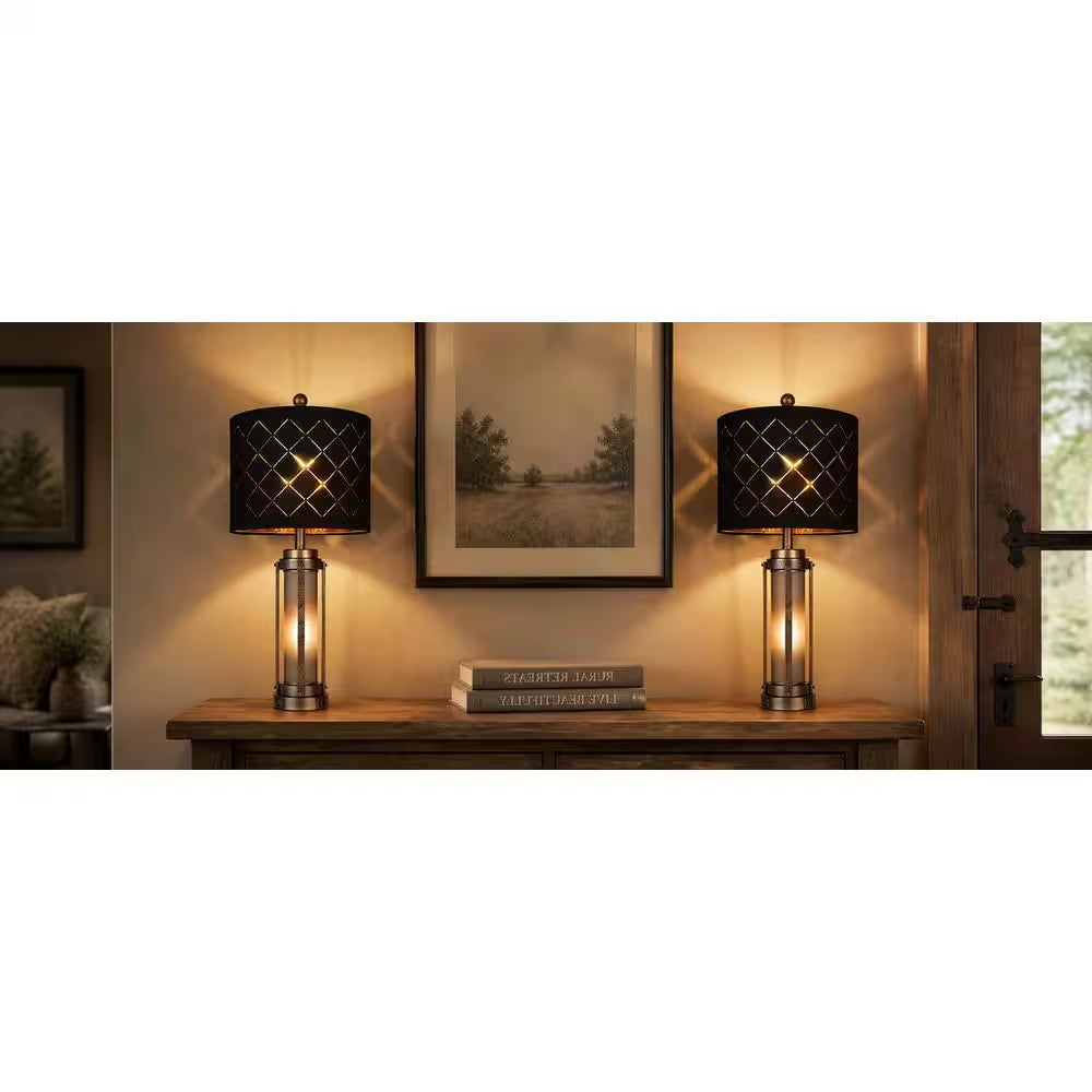 27 In. Farmhouse Amber Table Lamp Set of 2, Bedside Lamp with Nightlight, USB-A+C Charging Ports, LED Bulbs Included