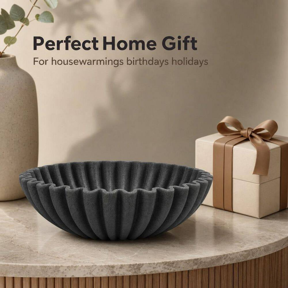 10 In. X 10 In. Large Decorative Bowl Artificial Stone Decorative Fruit Bowl for Kitchen Counter Black