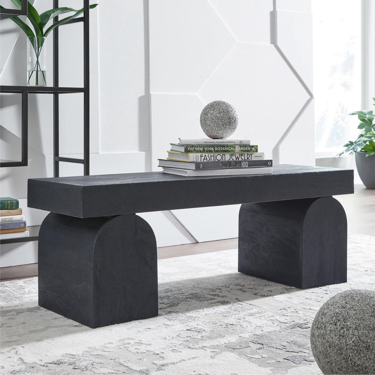 Holgrove Accent Bench - Matte Black Solid Wood with Oversized Decorative Legs