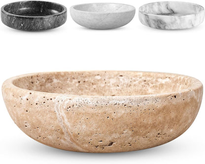Travertine Decorative Bowl - 7.8” Diameter & 2” Height - Key Bowl for Entryway Table - Travertine - Organic Modern Centerpiece - Beige/Natural