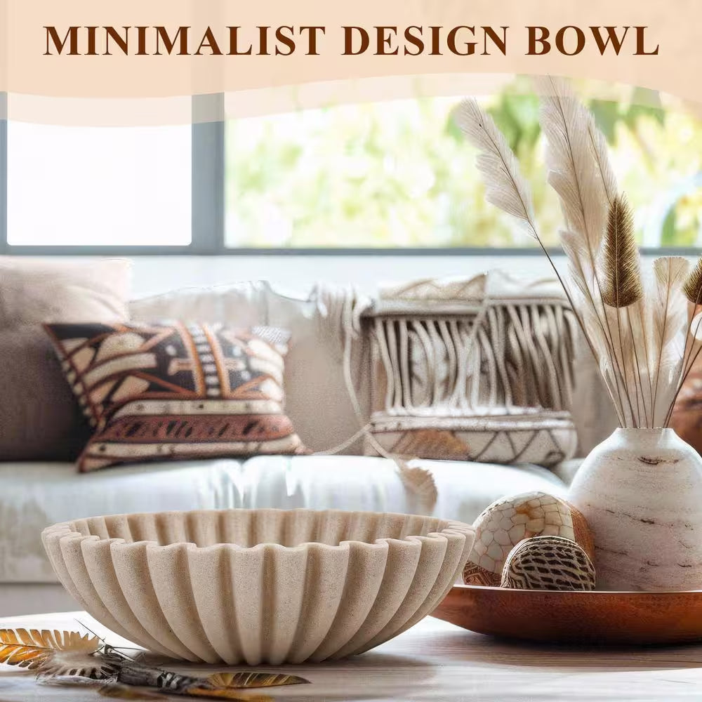 10 In. X 10 In. Large Decorative Bowl Artificial Stone Decorative Fruit Bowl for Kitchen Counter Beige