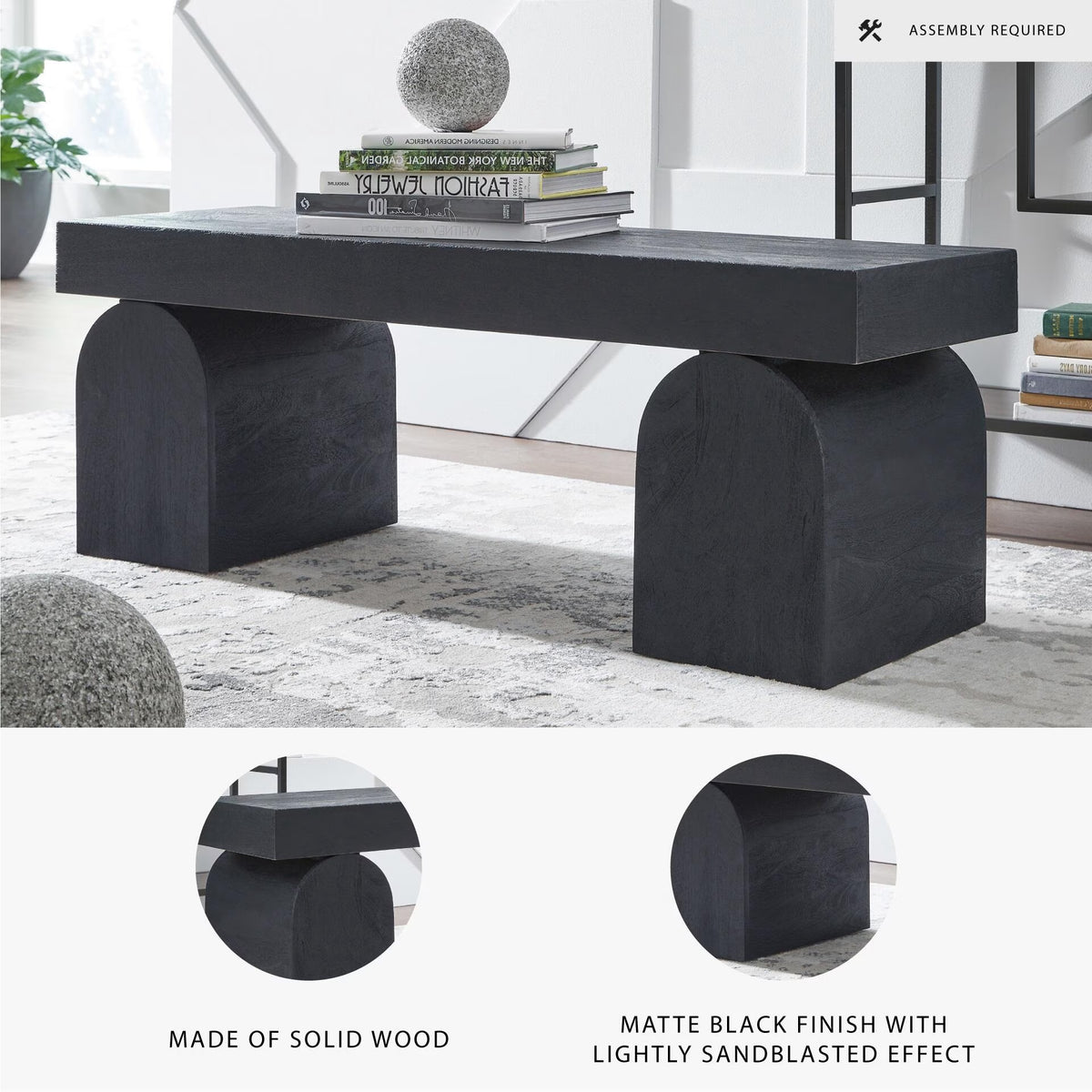 Holgrove Accent Bench - Matte Black Solid Wood with Oversized Decorative Legs