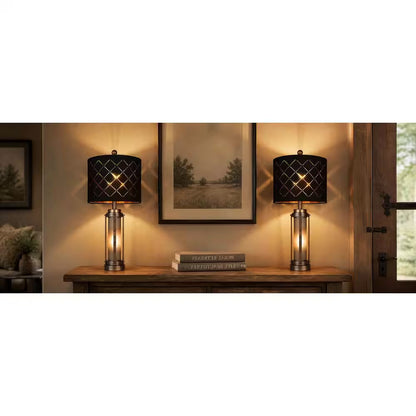 27 In. Farmhouse Amber Table Lamp Set of 2, Bedside Lamp with Nightlight, USB-A+C Charging Ports, LED Bulbs Included