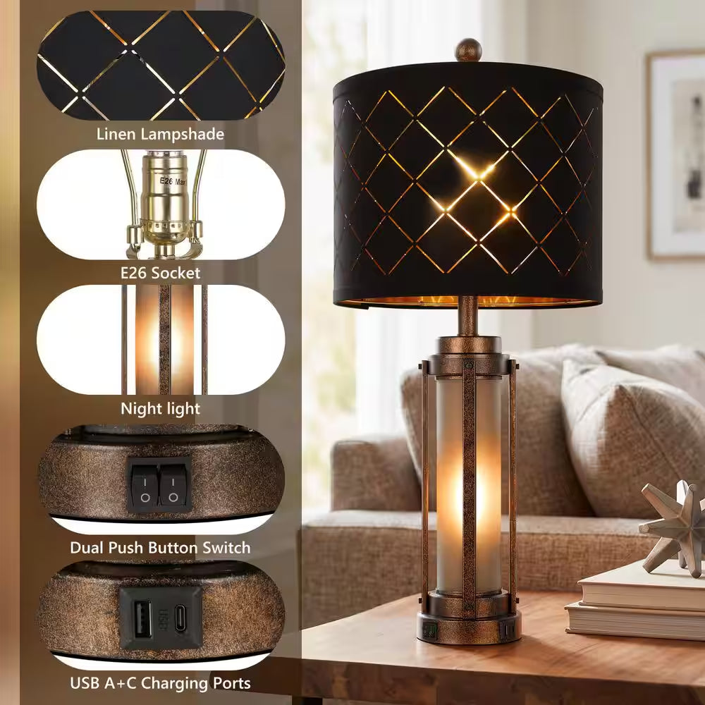 27 In. Farmhouse Amber Table Lamp Set of 2, Bedside Lamp with Nightlight, USB-A+C Charging Ports, LED Bulbs Included