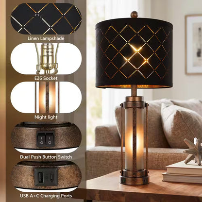 27 In. Farmhouse Amber Table Lamp Set of 2, Bedside Lamp with Nightlight, USB-A+C Charging Ports, LED Bulbs Included