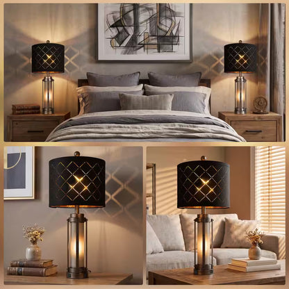 27 In. Farmhouse Amber Table Lamp Set of 2, Bedside Lamp with Nightlight, USB-A+C Charging Ports, LED Bulbs Included