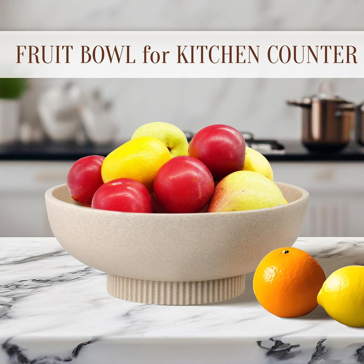 Large Resin Pedestal Decorative Bowl - Modern Handicraft Bowls for Home Decor - Fruit Bowl for Kitchen Counter - Key Bowl for Entryway Table,Artificial Stone Beige