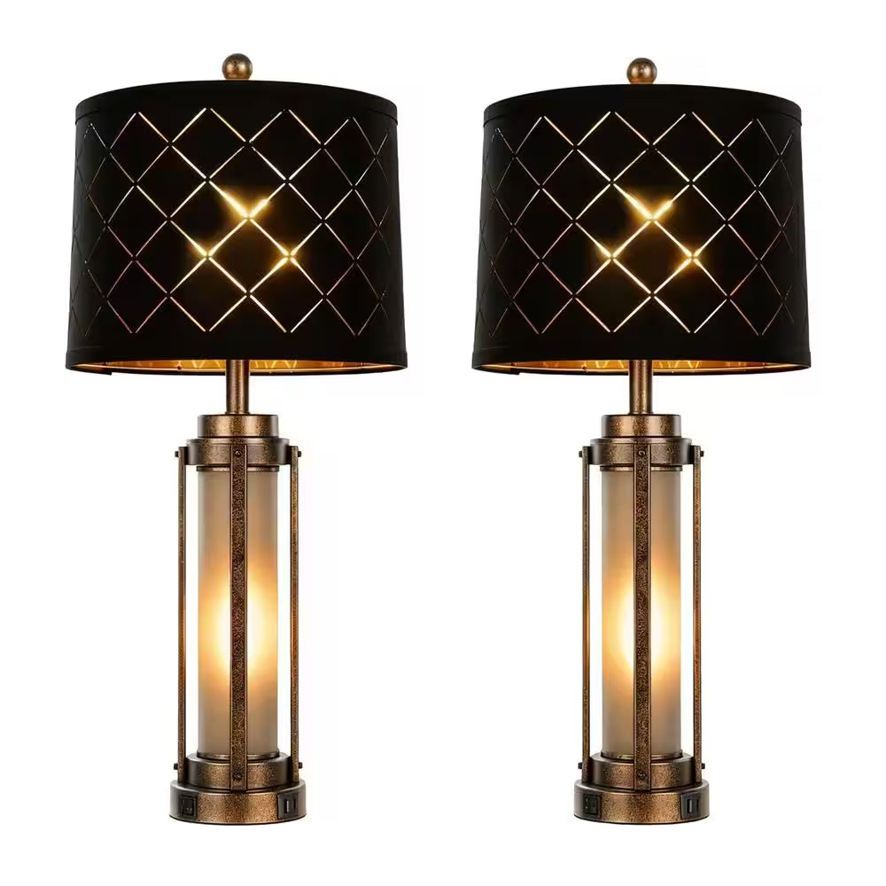 27 In. Farmhouse Amber Table Lamp Set of 2, Bedside Lamp with Nightlight, USB-A+C Charging Ports, LED Bulbs Included