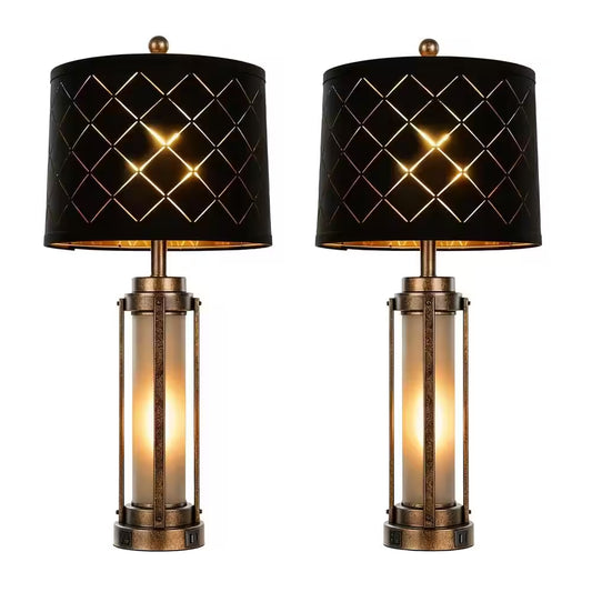 27 In. Farmhouse Amber Table Lamp Set of 2, Bedside Lamp with Nightlight, USB-A+C Charging Ports, LED Bulbs Included