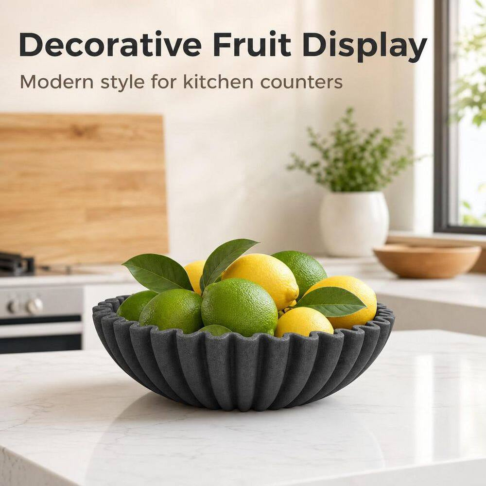 10 In. X 10 In. Large Decorative Bowl Artificial Stone Decorative Fruit Bowl for Kitchen Counter Black