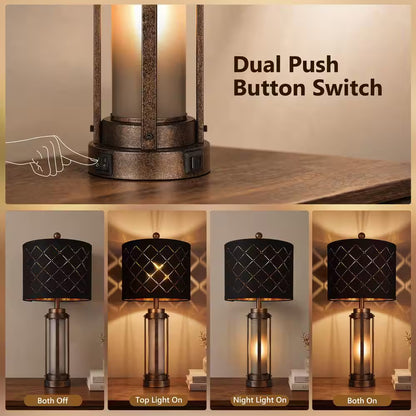 27 In. Farmhouse Amber Table Lamp Set of 2, Bedside Lamp with Nightlight, USB-A+C Charging Ports, LED Bulbs Included