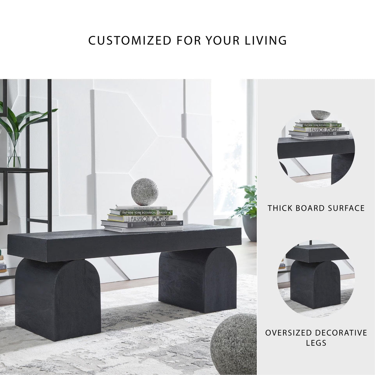 Holgrove Accent Bench - Matte Black Solid Wood with Oversized Decorative Legs